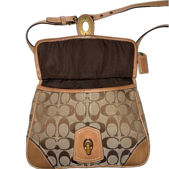 Coach Vintage Signature Monogram Turn lock Khaki Gold shoulder Crossbody Bag - Picture 13 of 16